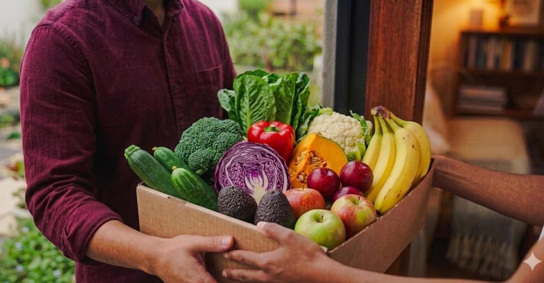 Fruit and veg box being handed from delivery person to customer at their front door